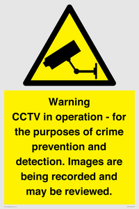 Warning CCTV in operation - for the purposes of crime prevention and detection. Images are being recorded and may be reviewed.